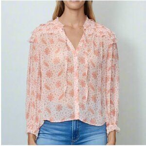 Paige Margret Silk Georgette Shirt Medium Paisley Frill Long Sleeve Sherbert